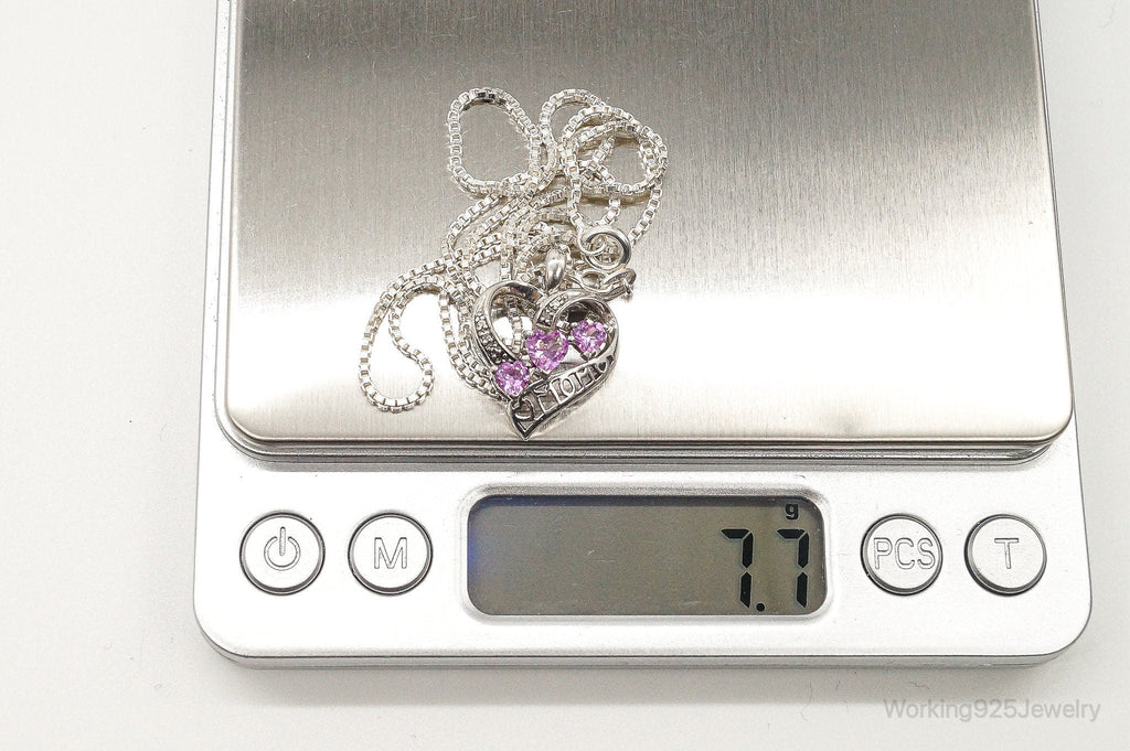 Vintage Pink Topaz Two Diamond Heart Mom Sterling Silver Necklace