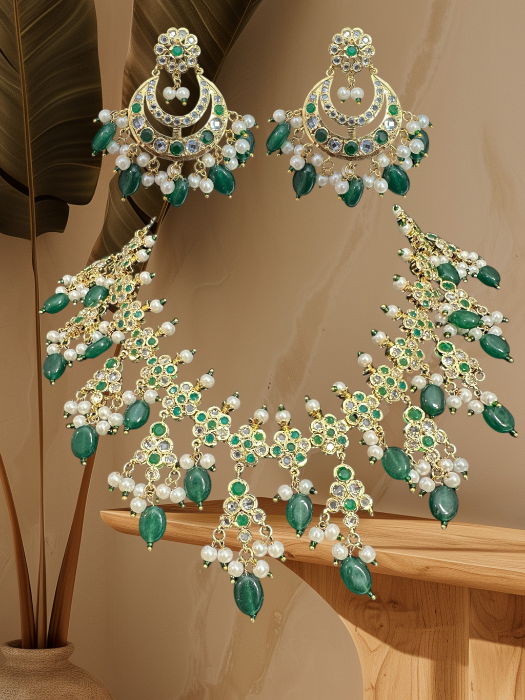 DNS151 Hyderabadi necklace with chandbali - green beads ( READY TO SHIP )