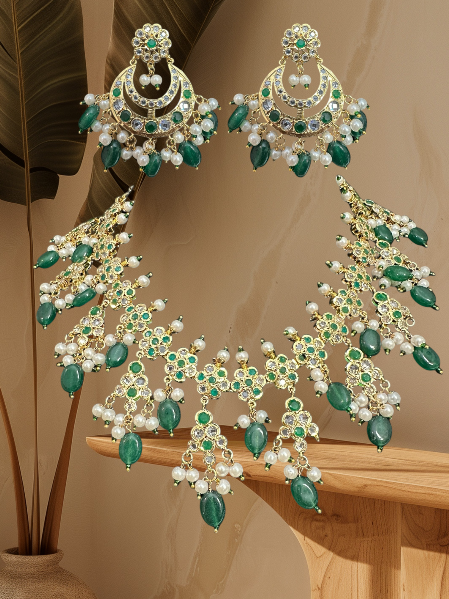 DNS151 Hyderabadi necklace with chandbali - green beads ( READY TO SHIP )