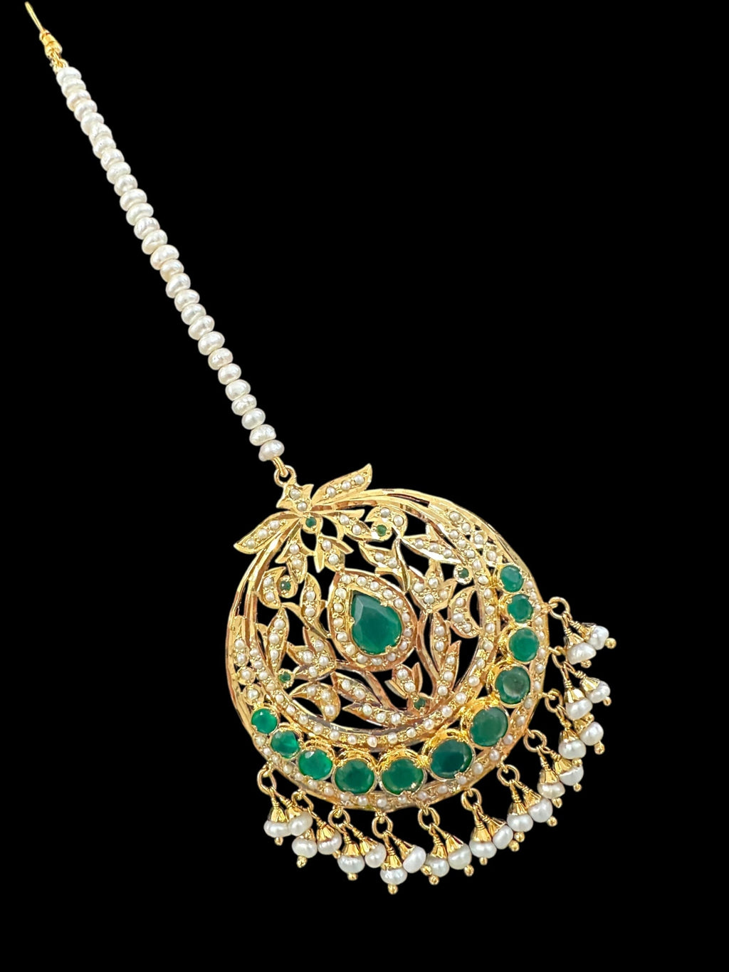 Emerald and pearl tika in silver with fresh water pearls - gold plated , Oversized( SHIPS IN 5 WEEKS )