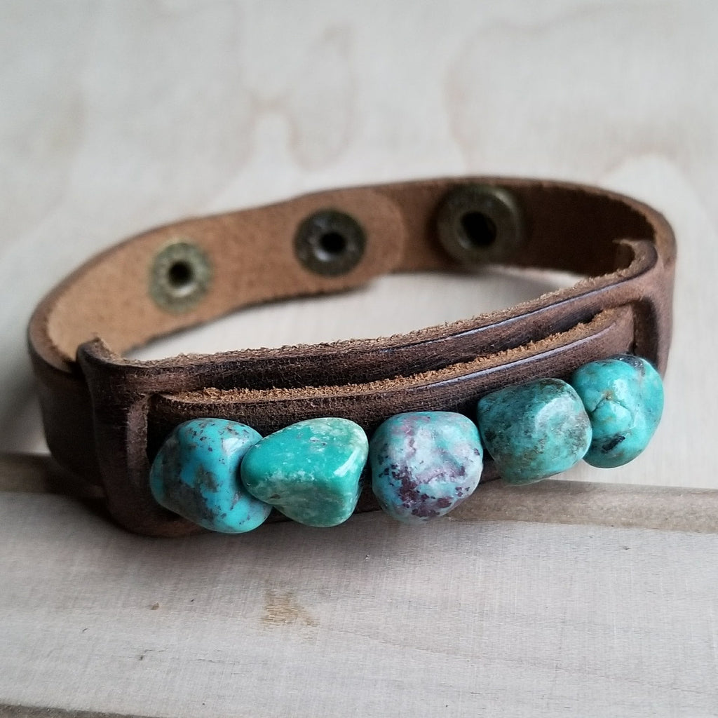 Genuine Leather Narrow Cuff & Natural Turquoise Chunks 006q