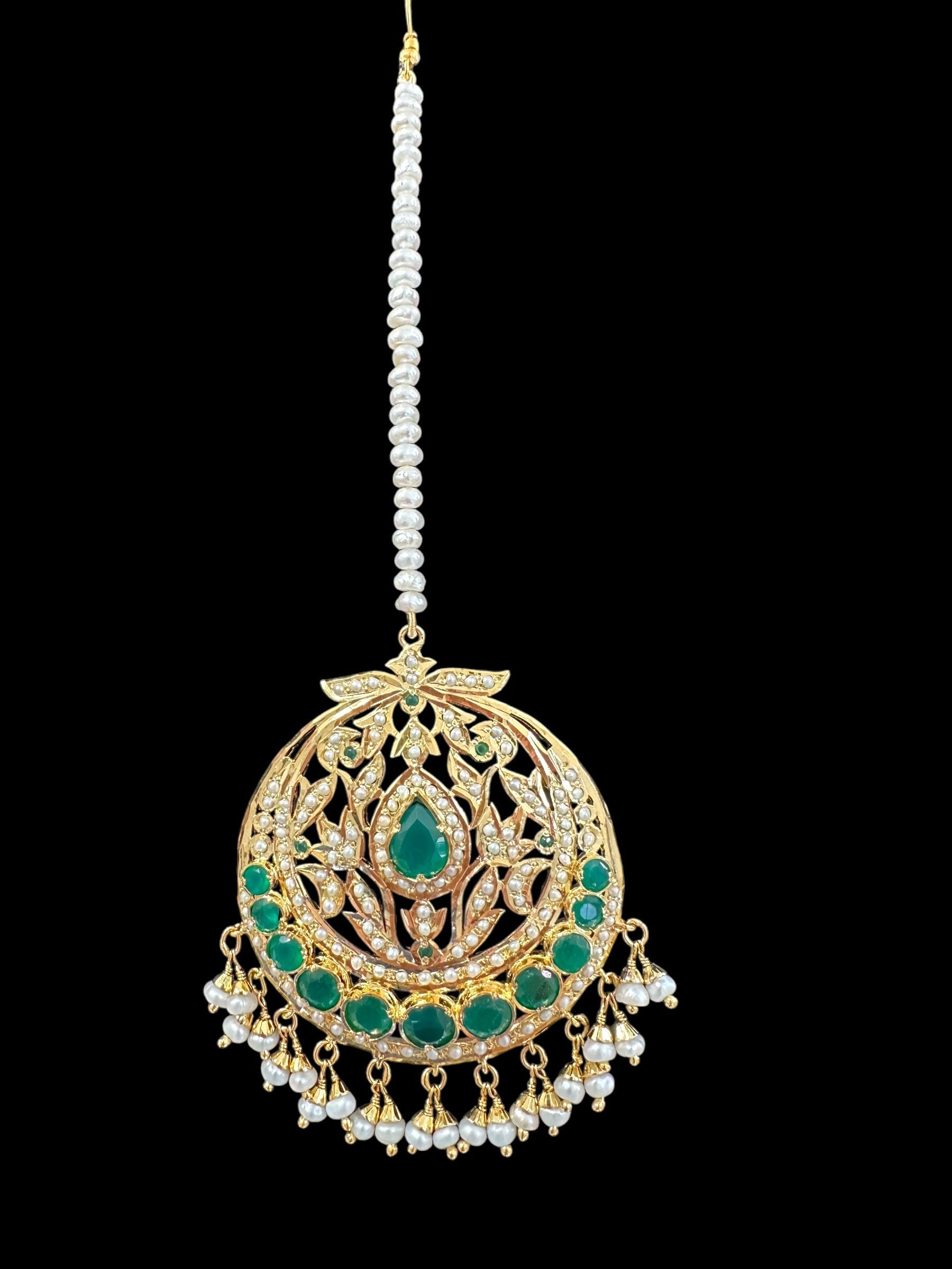 Emerald and pearl tika in silver with fresh water pearls - gold plated , Oversized( SHIPS IN 5 WEEKS )