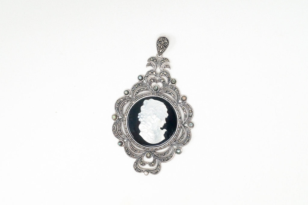 Vtg Carved Cameo Mother Of Pearl Marcasite Sterling Silver Necklace Pendant