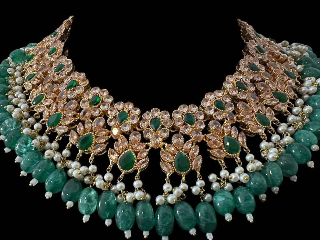 BR500 Kafiya bridal set in golden / champagne  stones and green beads ( READY TO SHIP )