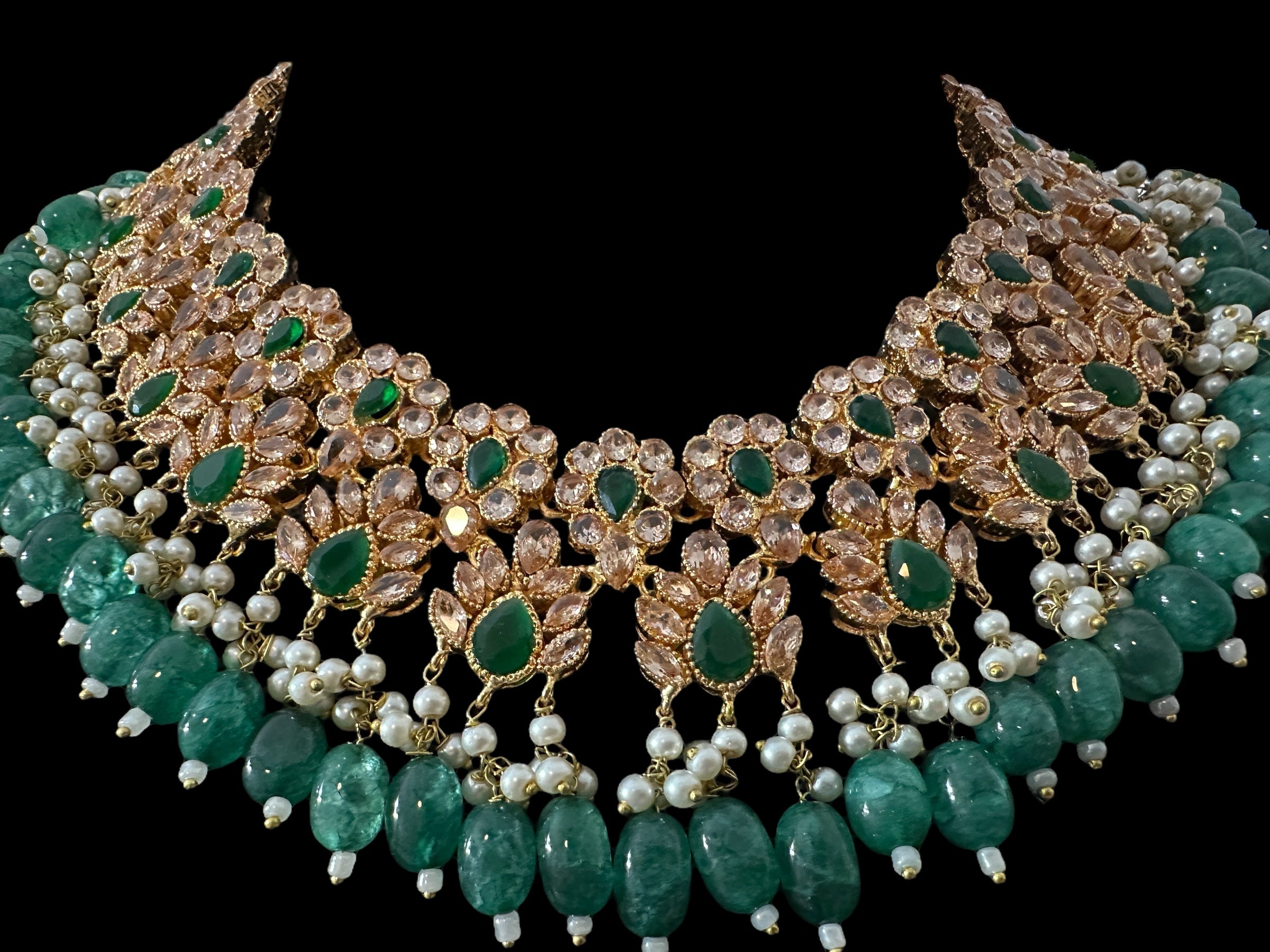 BR500 Kafiya bridal set in golden / champagne  stones and green beads ( READY TO SHIP )