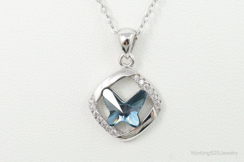 Blue Crystal Cubic Zirconia Butterfly Sterling Silver Necklace