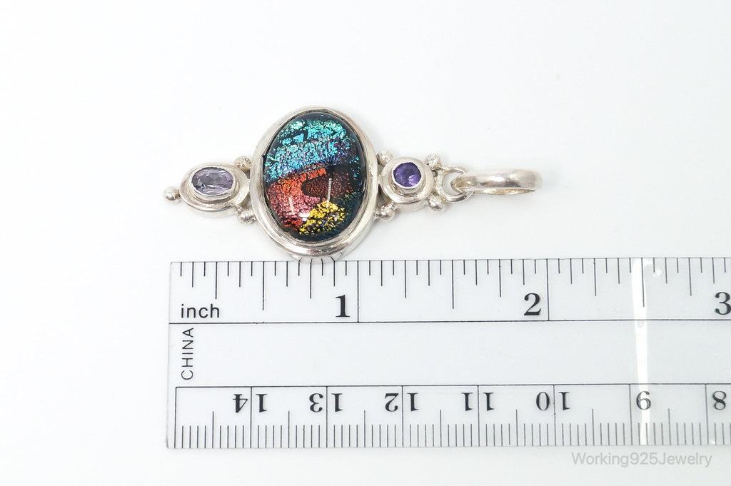 Vintage Large Dichroic Glass Amethyst Sterling Silver Necklace Pendant