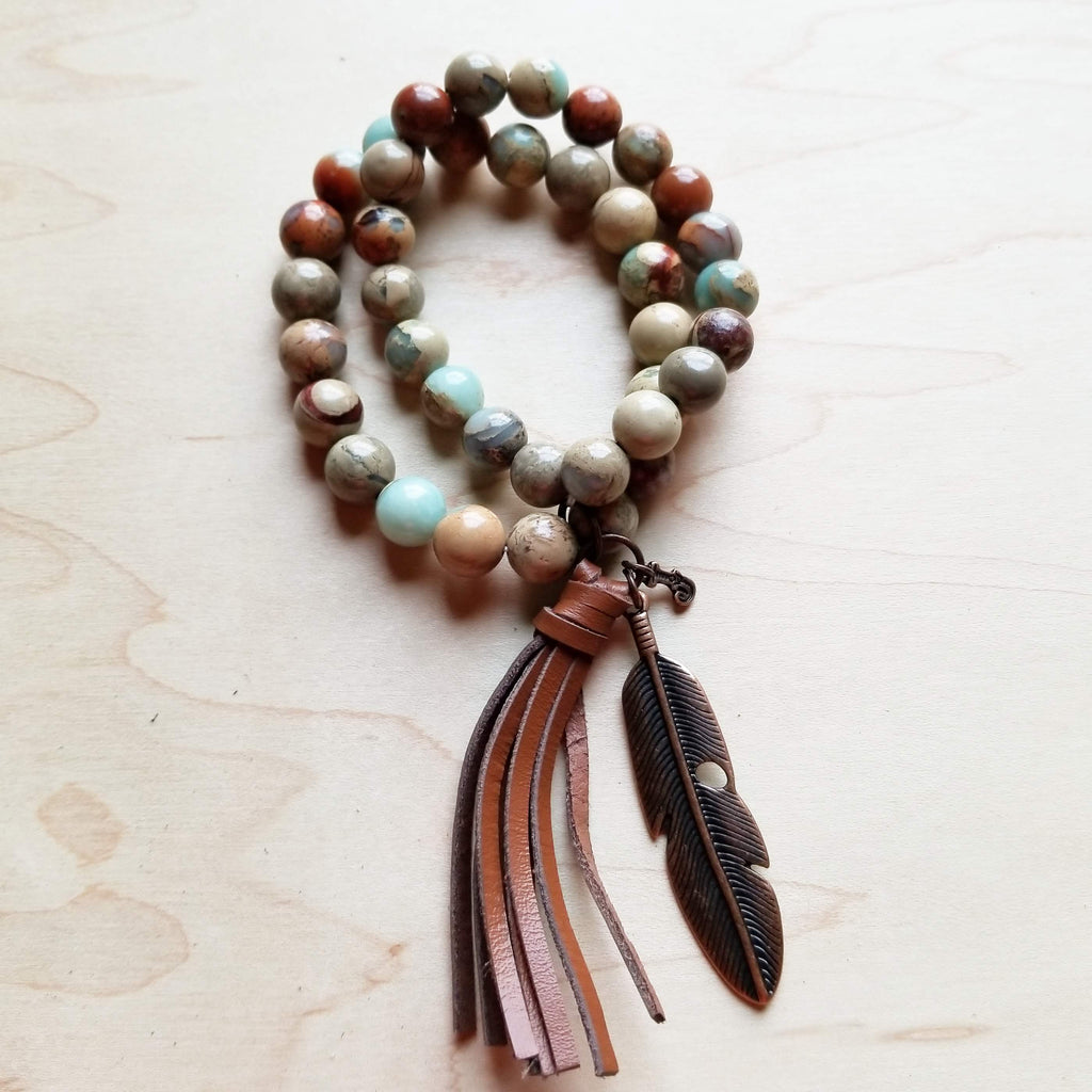 Aqua Terra Jasper Beaded Bracelet w/ vegan Tassel 019H