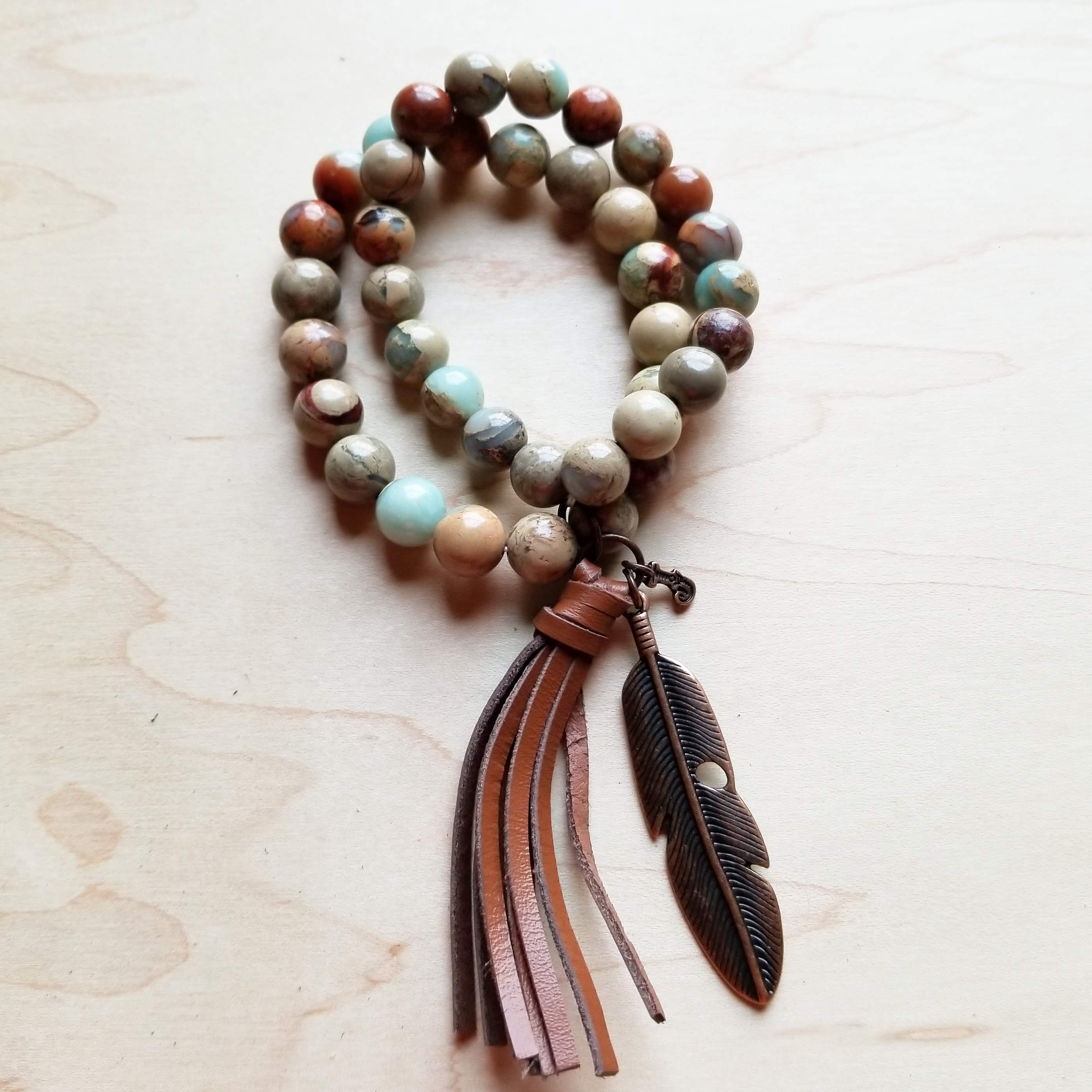 Aqua Terra Jasper Beaded Bracelet w/ vegan Tassel 019H