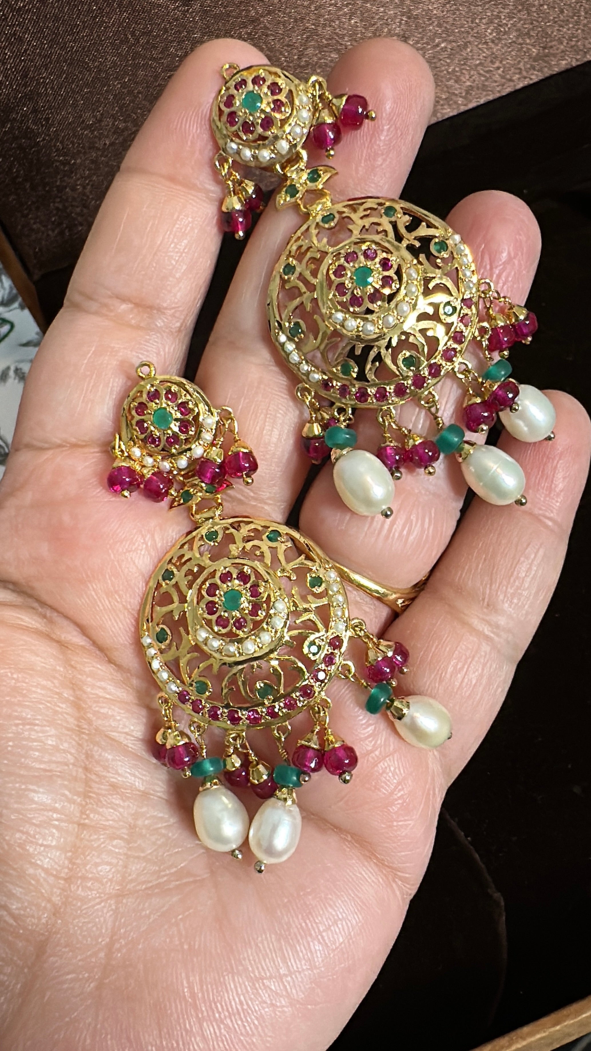 SN20 Ruby emerald pearl necklace with earrings|92.5silver gold plated ( READY TO SHIP )