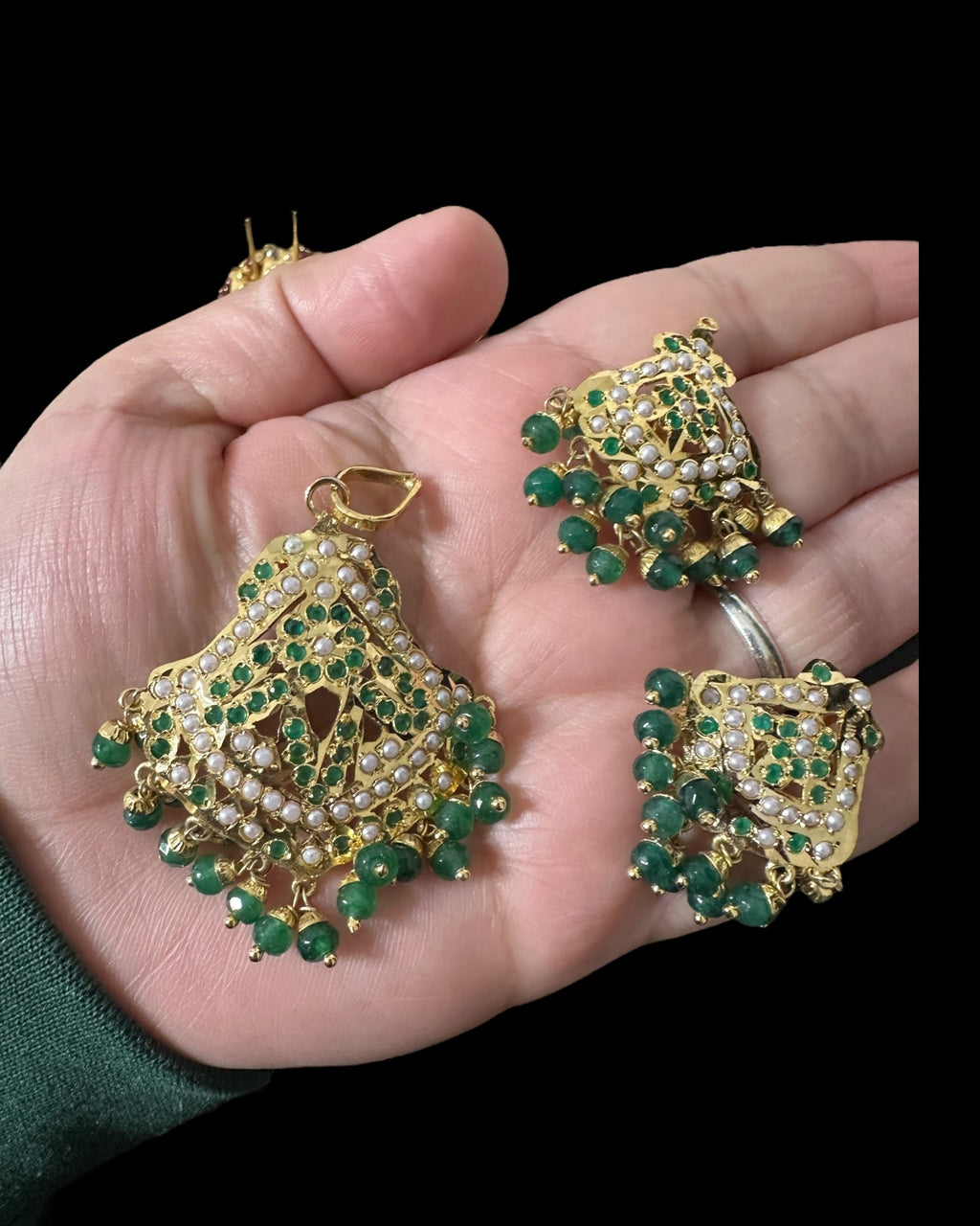 PS548 Ayeza jadau emerald pearl pendant set ( READY TO SHIP )