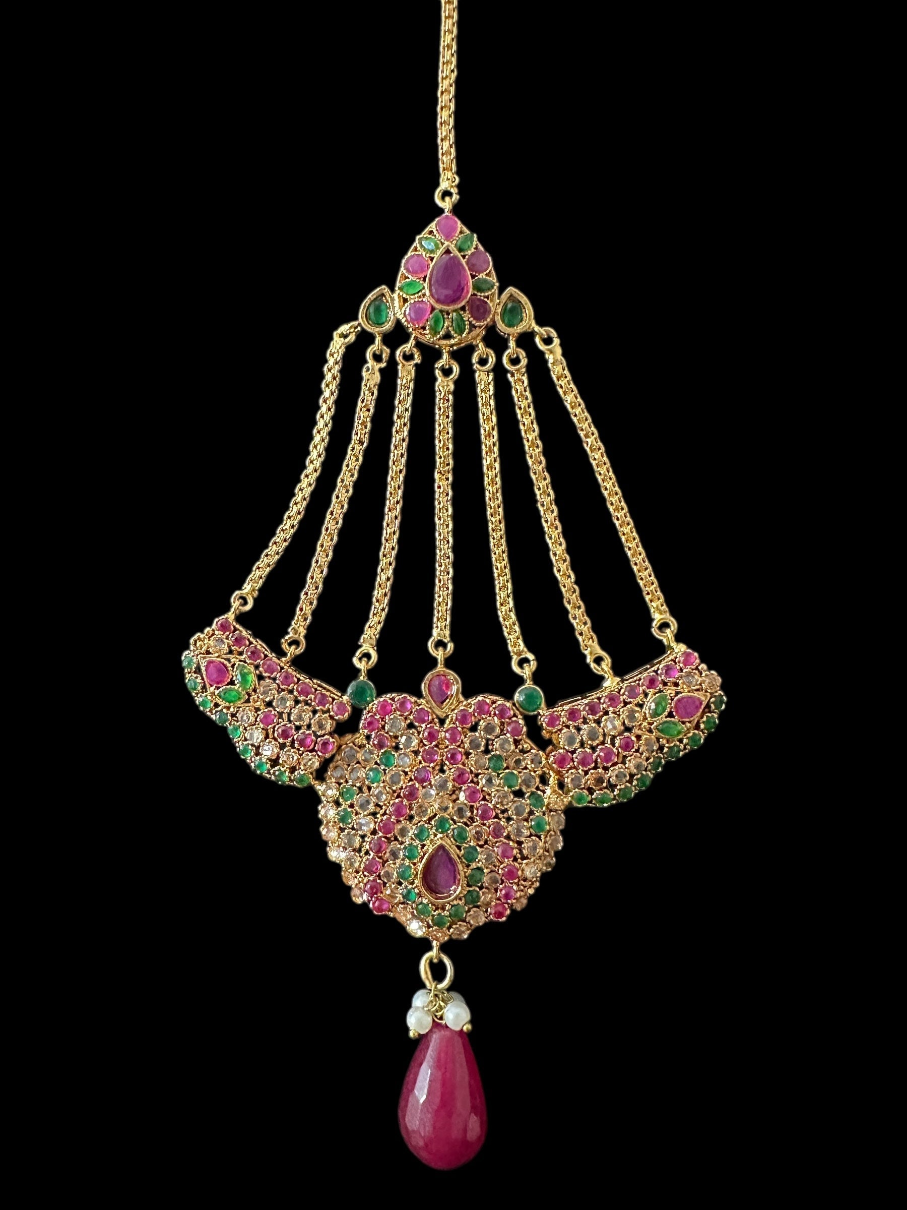 BR463  Deepa multicolor bridal cz necklace set with jhoomar tika ( READY TO SHIP )