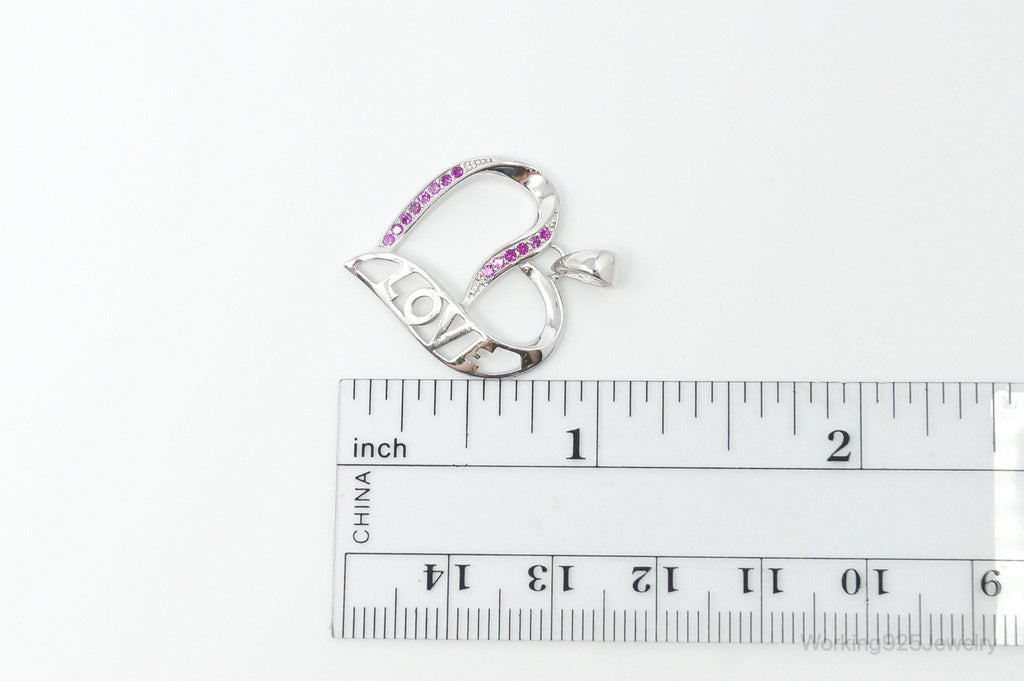 Vintage Open Heart Pink Cubic Zirconia Sterling Silver Necklace Pendant