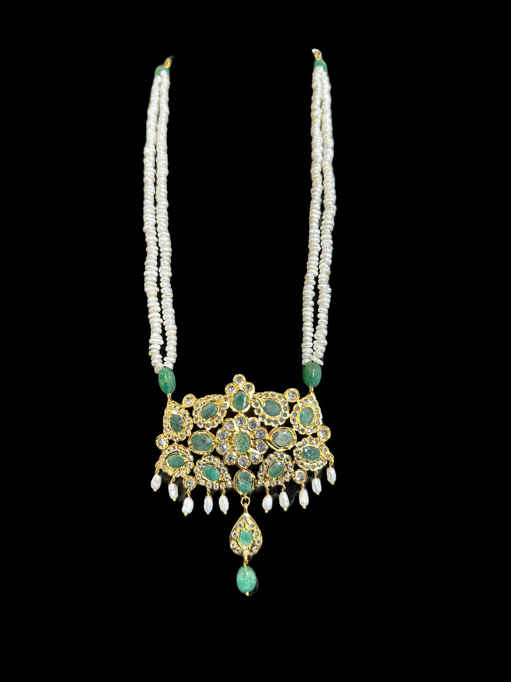 DLN35 Gold plated long necklace with emeralds and pearls ( SHIPS IN 4 WEEKS )