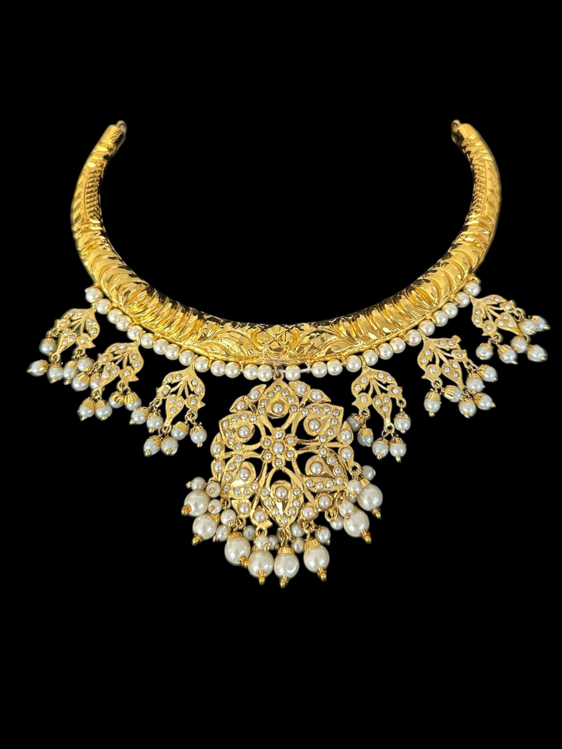 DNS189 Gold-Plated jadau Floral Hasli Necklace with jhumka earrings tika  – Handcrafted Traditional Set ( READY TO SHIP )