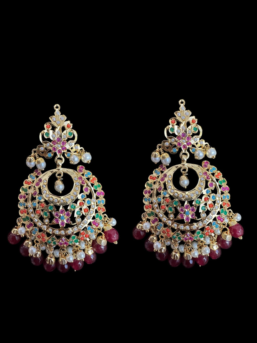 Dafiya Gold Plated Chandbali Earrings & Tika Set in Navratan | Ready to Ship | Deccan Jewelry