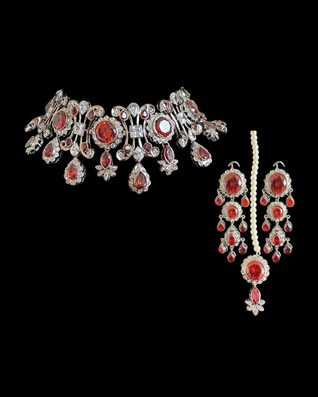 BR485 High quality cz  necklace set with tika - coral / orange , silver plated ( READY TO SHIP )