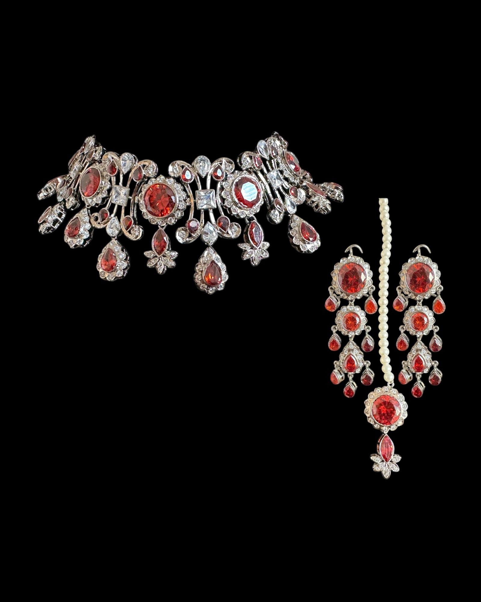 BR485 High quality cz  necklace set with tika - coral / orange , silver plated ( READY TO SHIP )