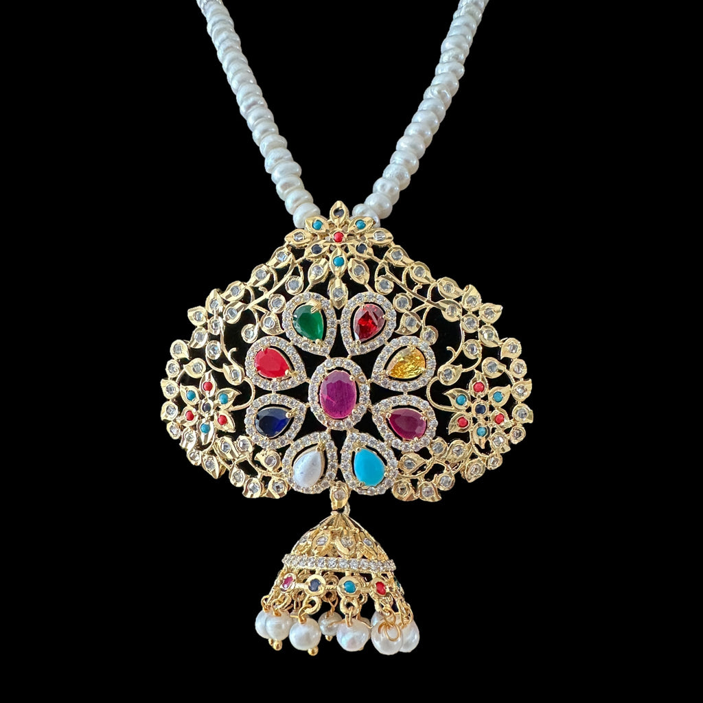 PS316 fresh water pearl pendant set in navratan  ( READY TO SHIP )