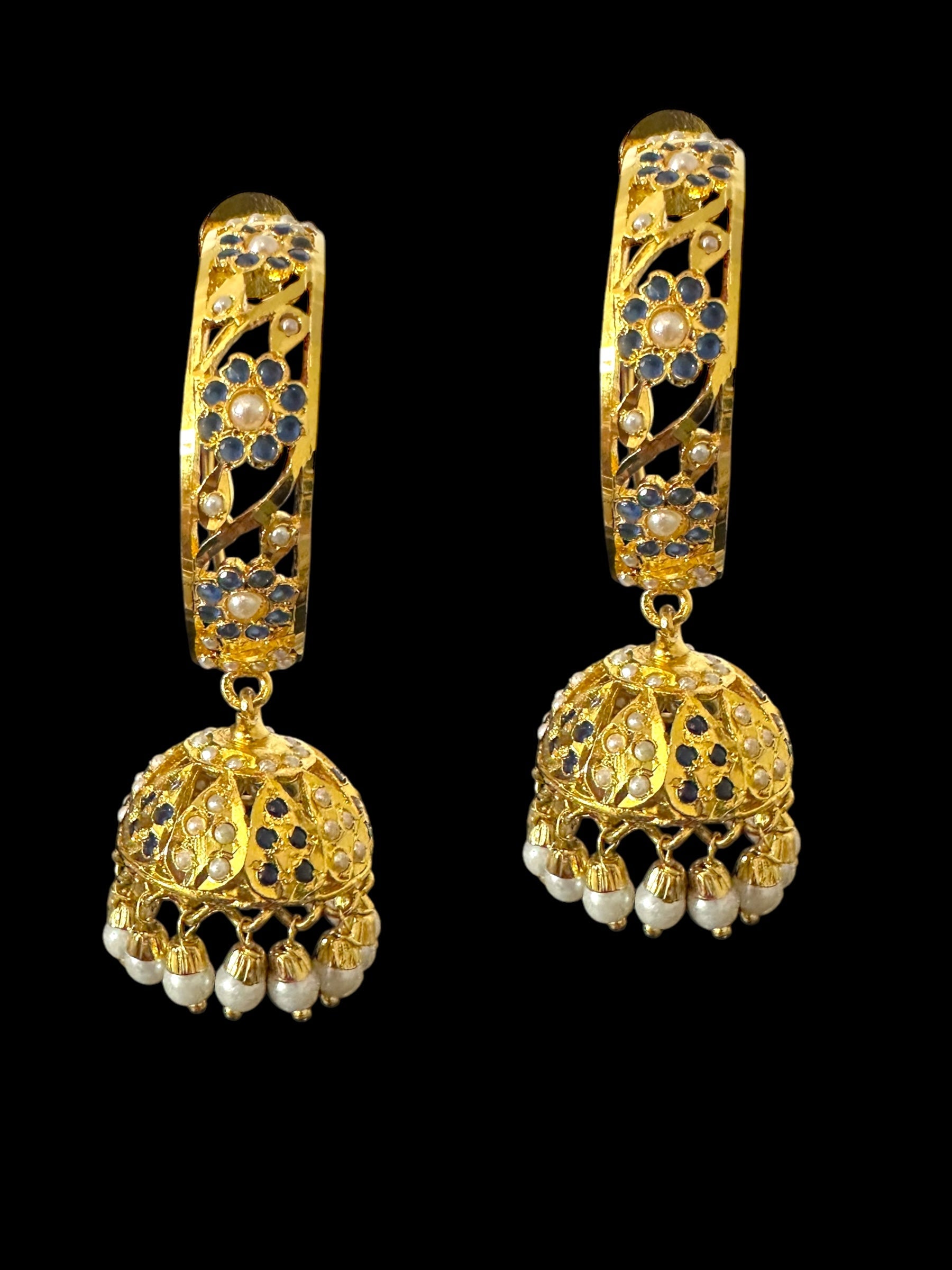 DER805 Jadau jhumka/hoop earrings in sapphire pearl combination ( SHIPS IN 3 WEEKS )