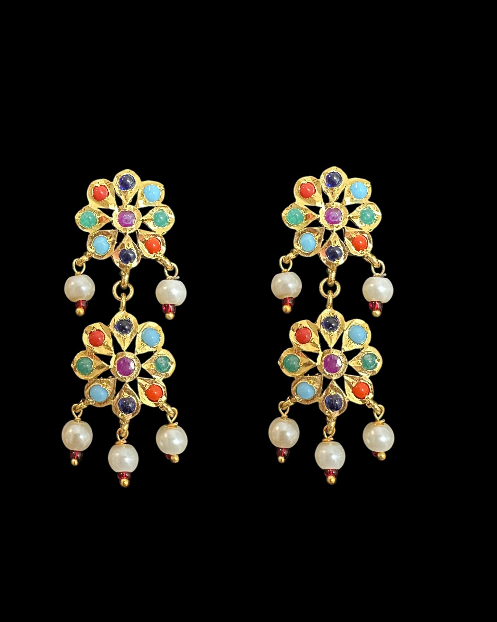 DER759 navratan gold plated earrings in flower ( READY TO SHIP)
