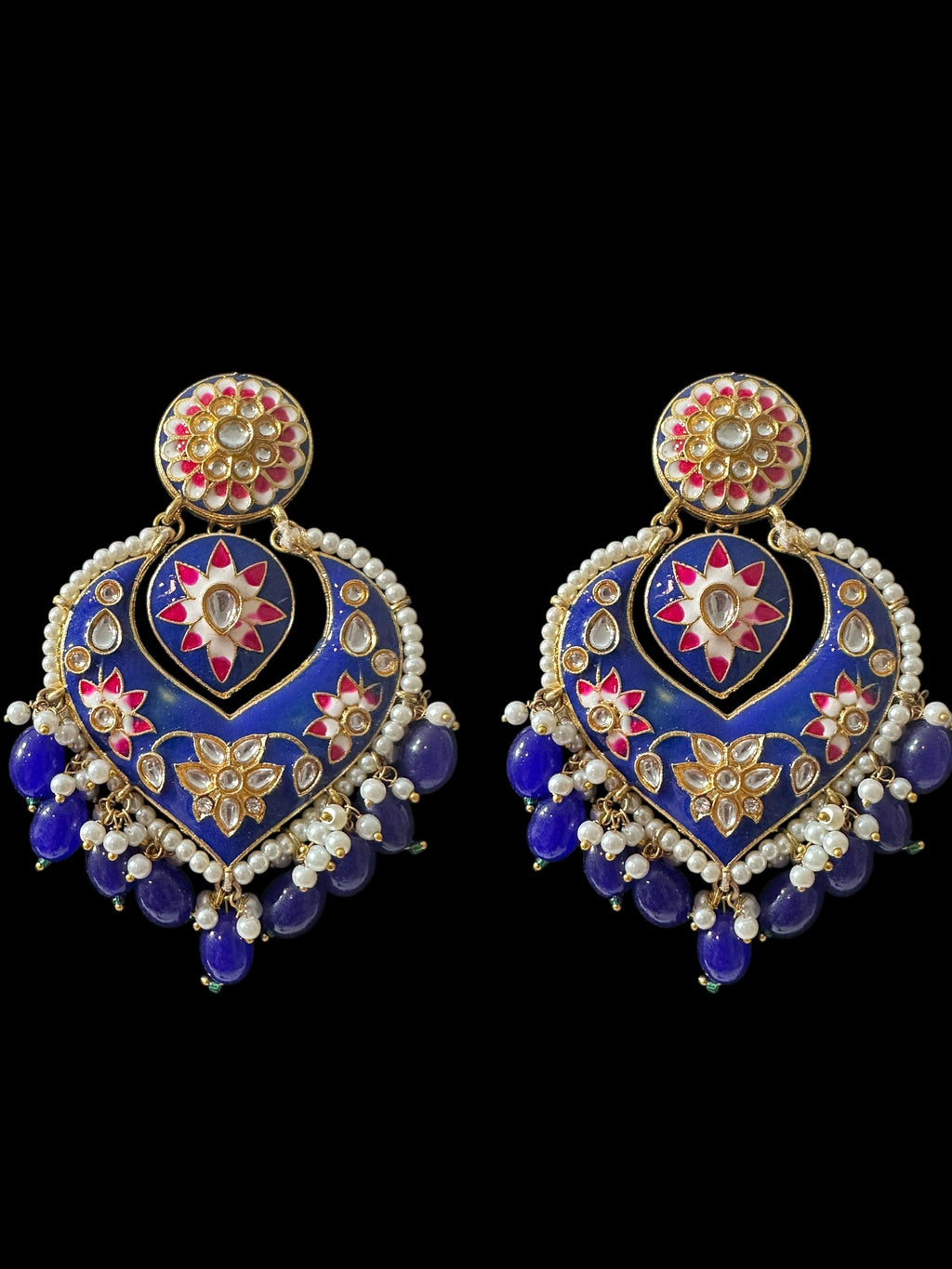 DER797 large sized kundan earrings - royal blue  ( READY TO SHIP )