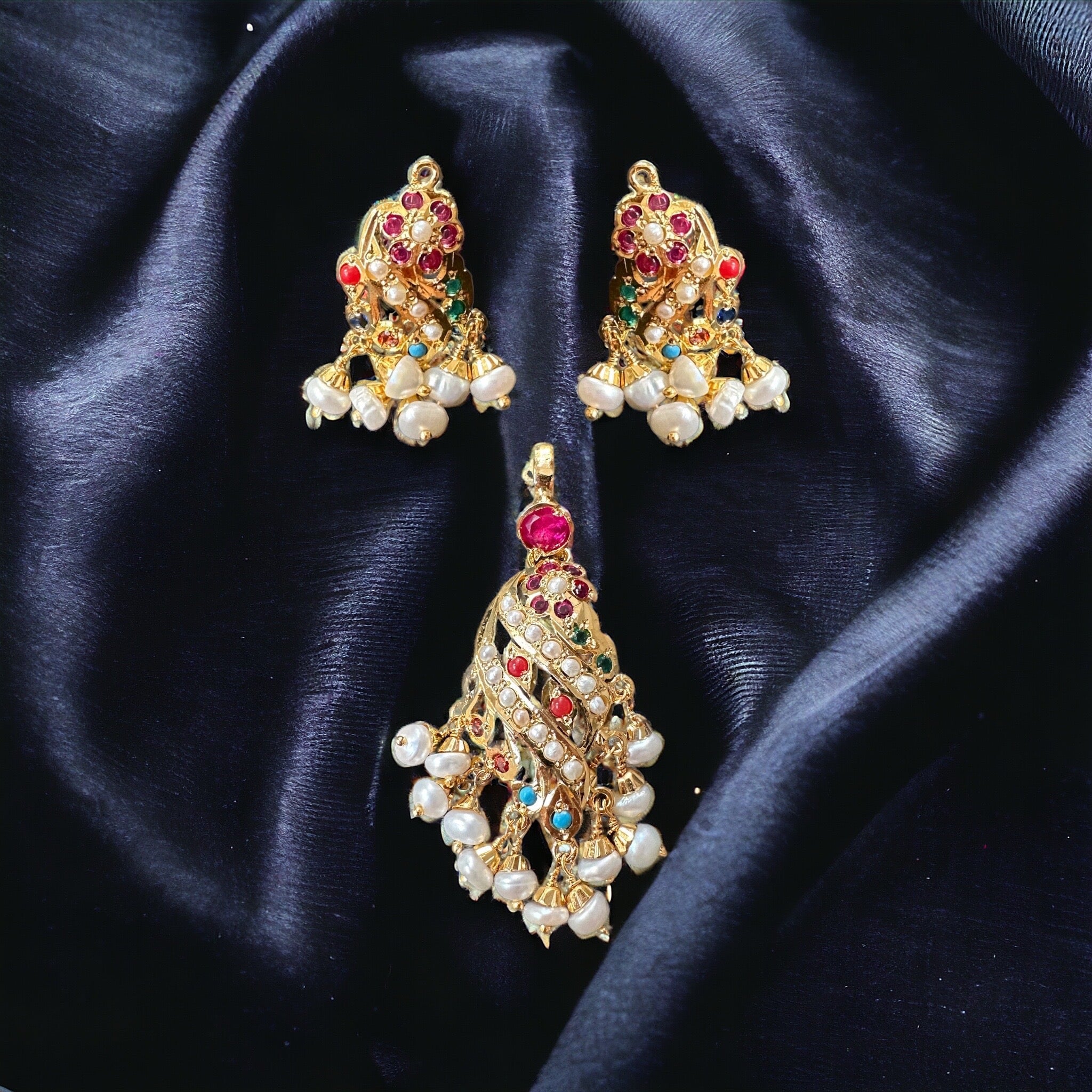 Gold plated jadau silver pendant set in navratan   ( SHIPS IN 4 WEEKS )