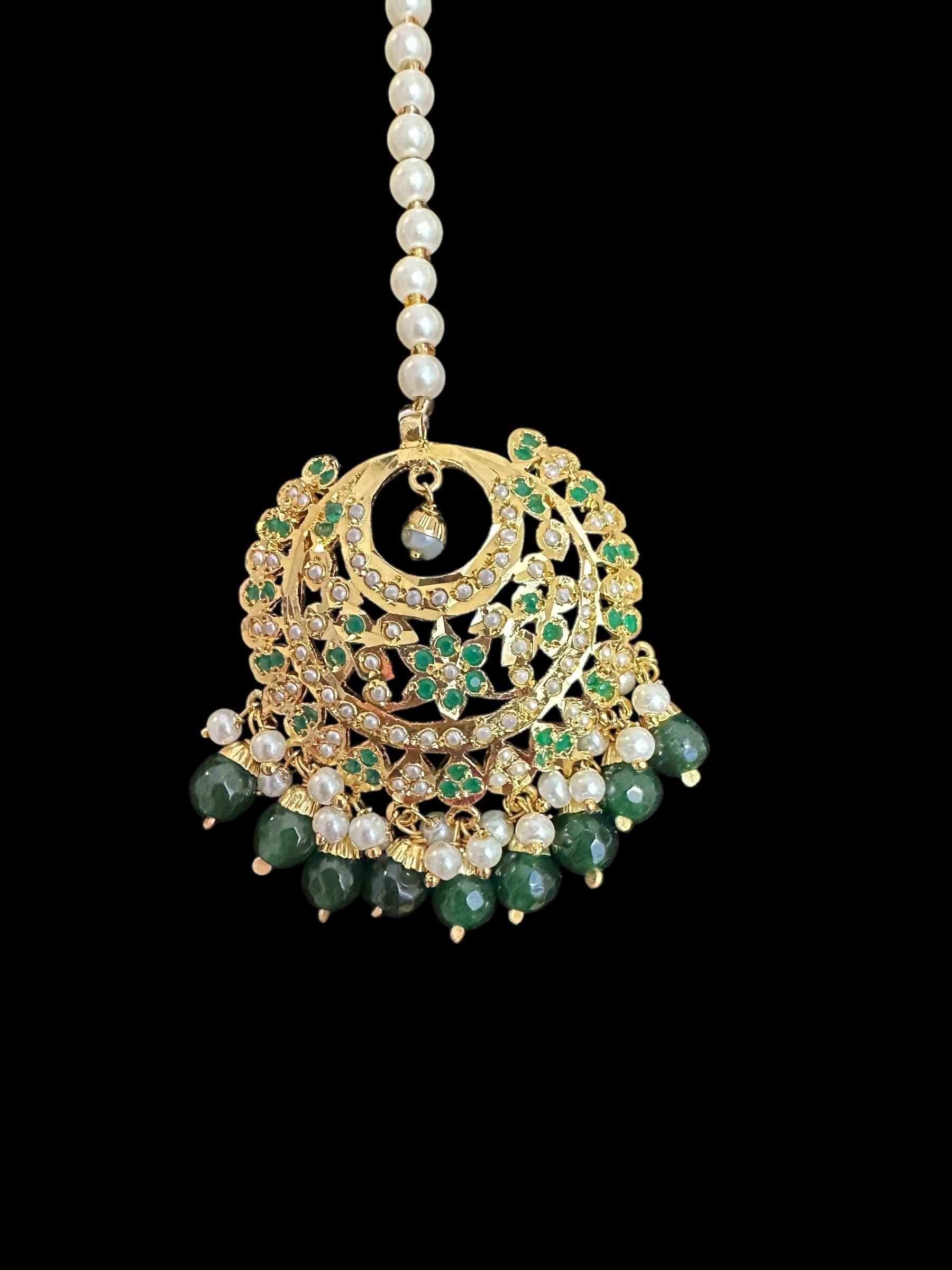 Dafiya Gold Plated emerald Chandbali Earrings & Tika Set | Ready to Ship | Deccan Jewelry