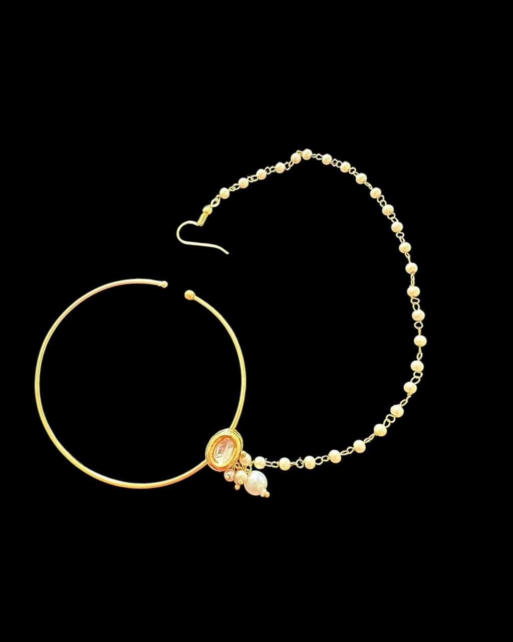 Elegant Kundan Pearl Nosering | Gold-Plated Nath with Chain ( READY TO SHIP )