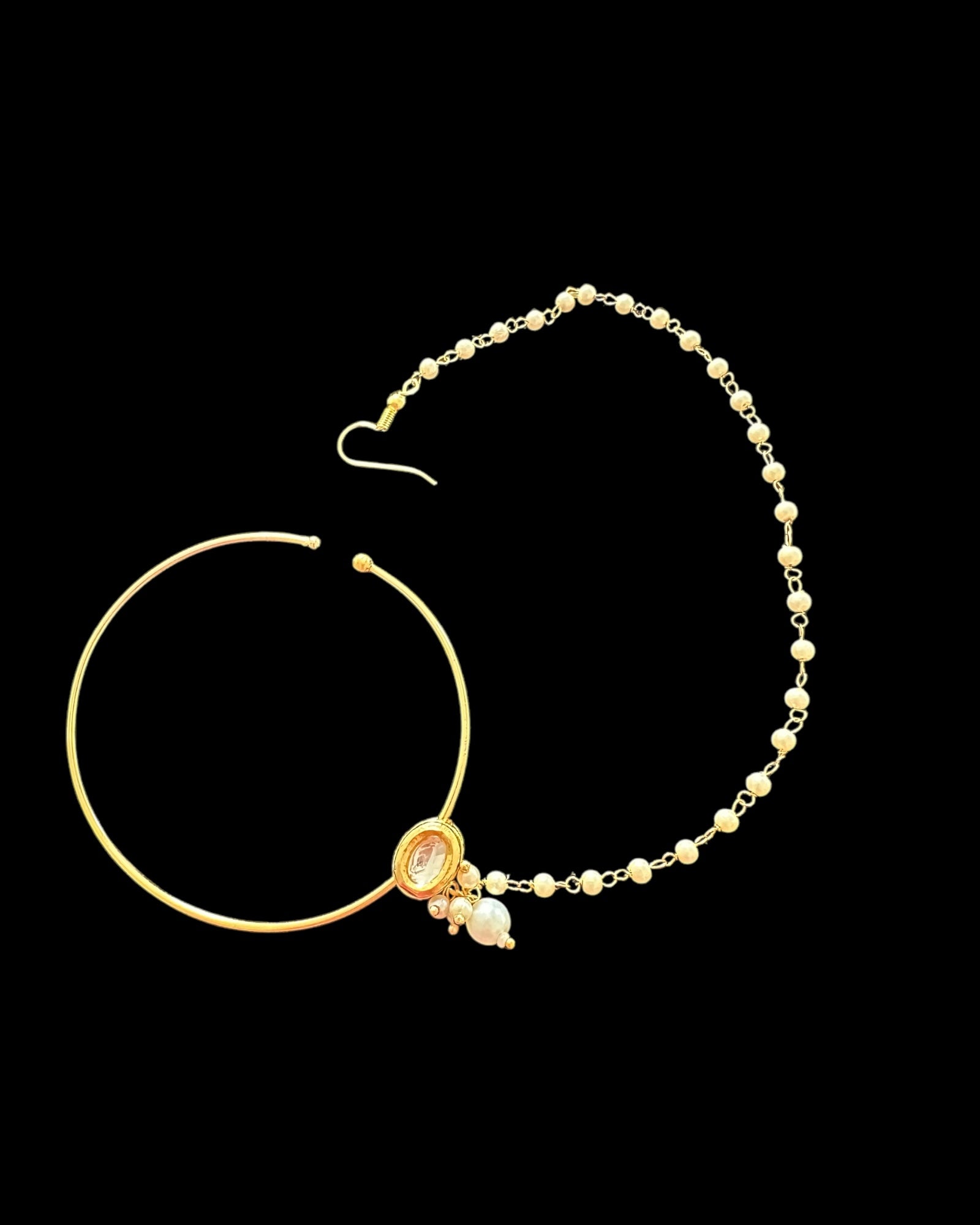 Elegant Kundan Pearl Nosering | Gold-Plated Nath with Chain ( READY TO SHIP )