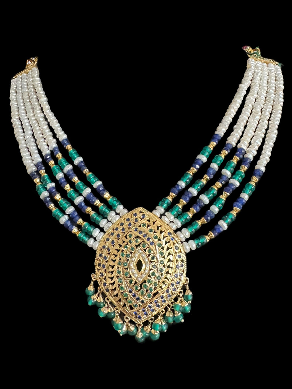 Emerald sapphire pearl jadau silver necklace set with gold plating ( READY TO SHIP )