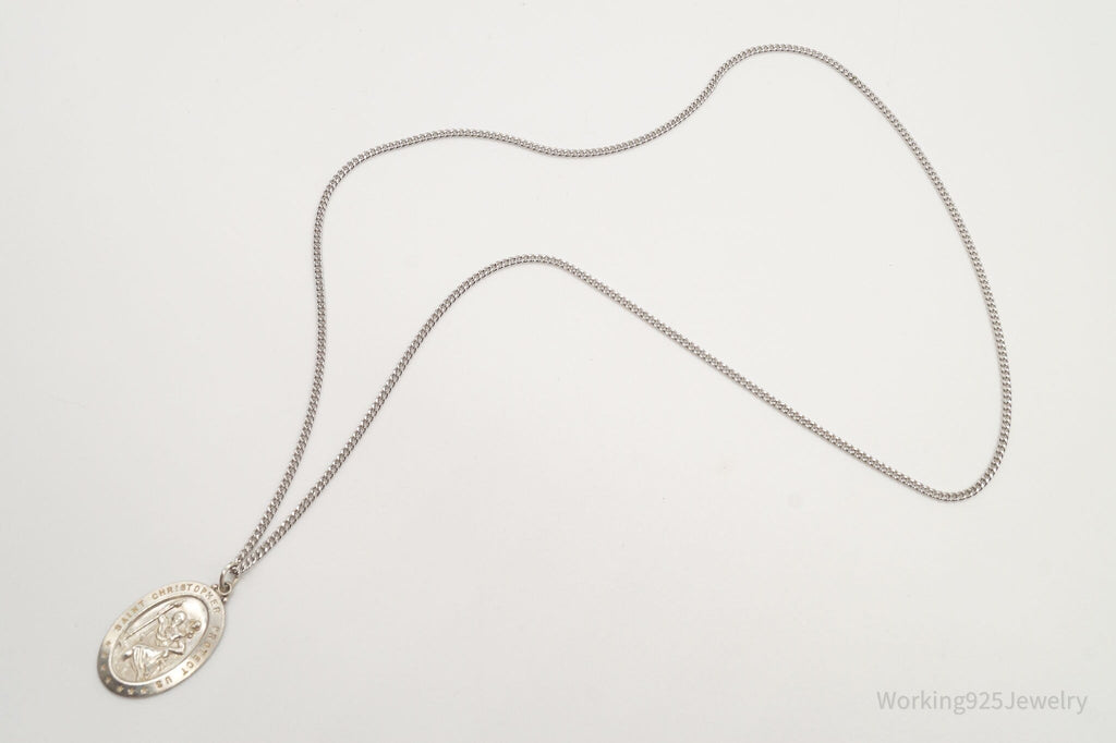 Antique Saint Christopher Protect Us Sterling Silver Pendant on Silver Necklace