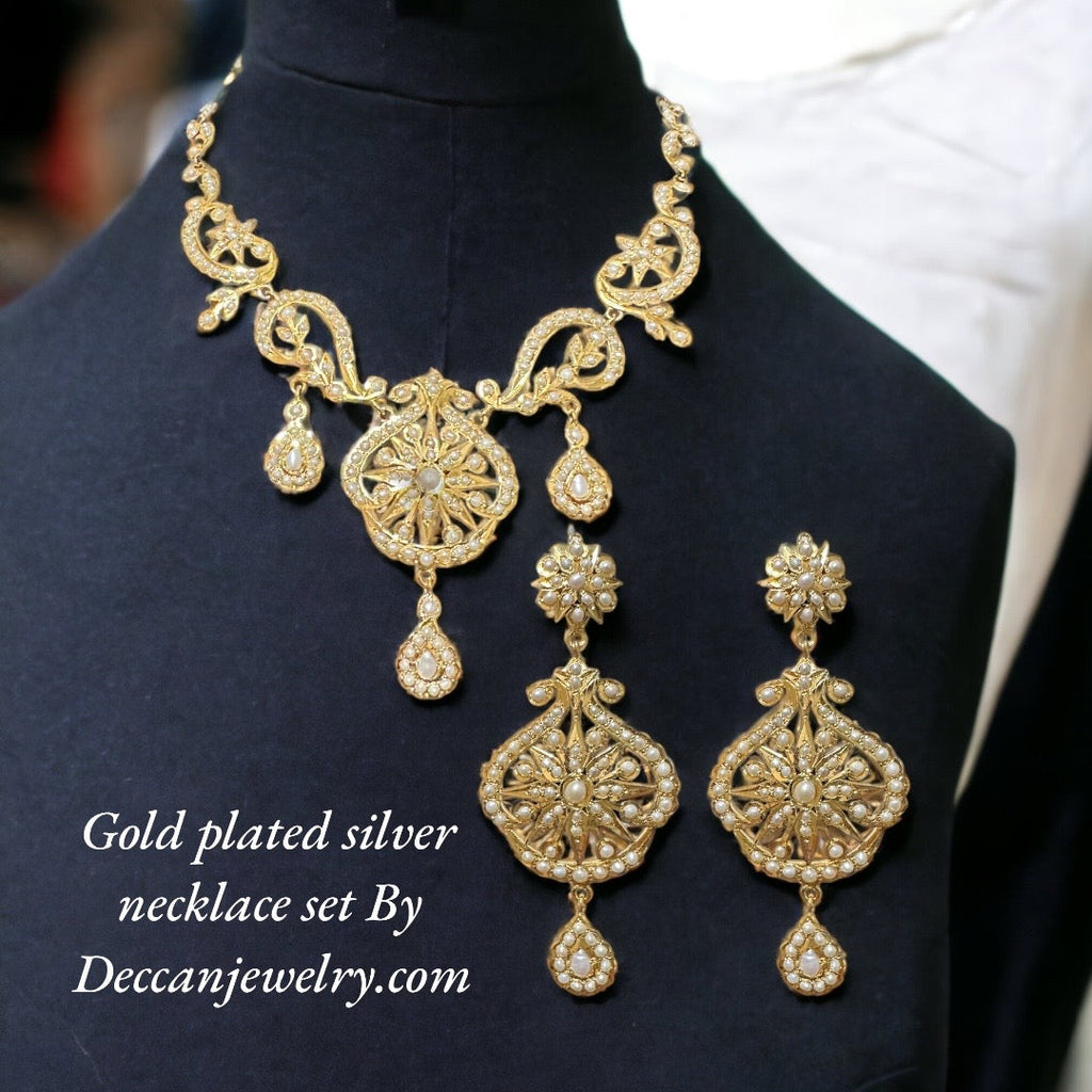 Gold plated silver necklace earrings set in fresh water pearls ( SHIPS IN 4 WEEKS )