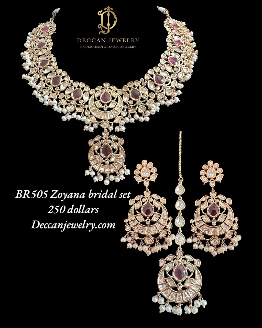 BR505 Zoyana Bridal necklace with earrings tika in fresh water pearls ( READY TO SHIP  )