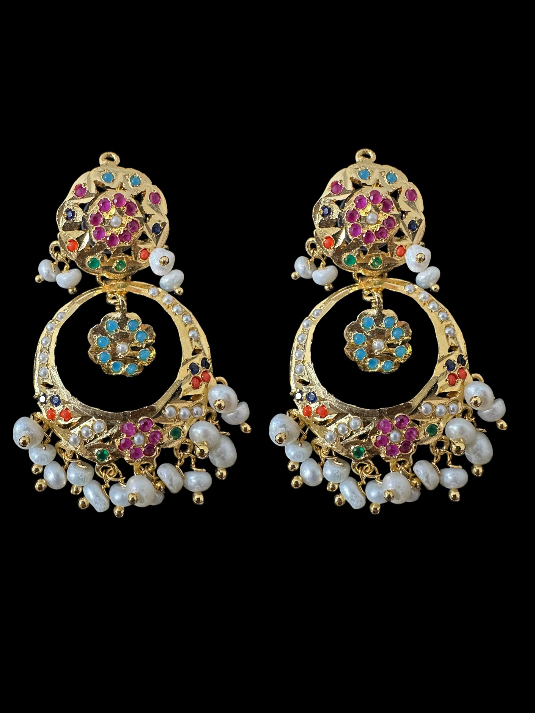 DNS195  Navratan jadau necklace set in fresh water pearls  ( READY TO SHIP )