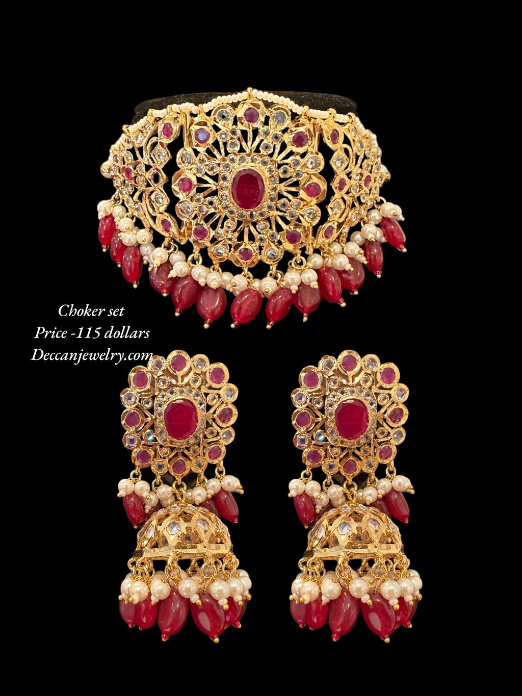 C333 Hyderabadi  choker set in pearls  and ruby with jhumka ( SHIPS IN 4 WEEKS )