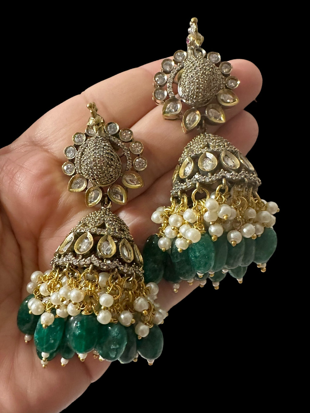 DER796 Mor polki jhumka - GREEN ( READY TO SHIP )