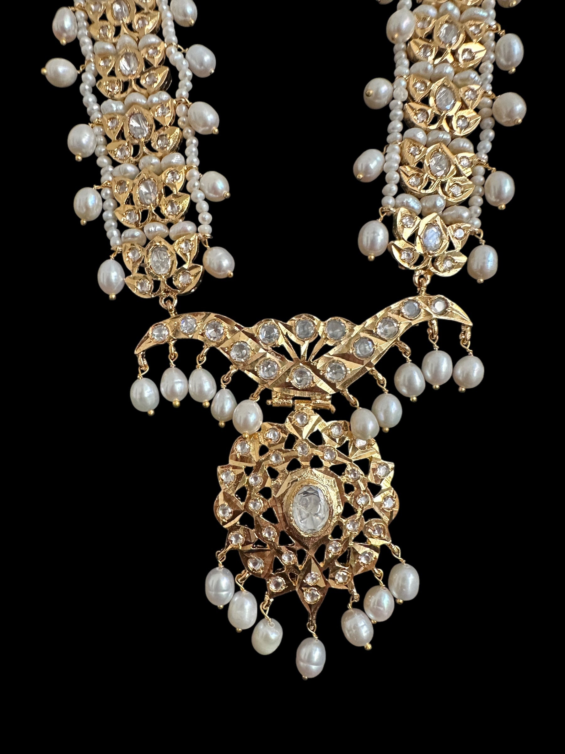 DLN119 Moissanite Polki Asif jaahi Rani haar with pearls ( READY TO SHIP )