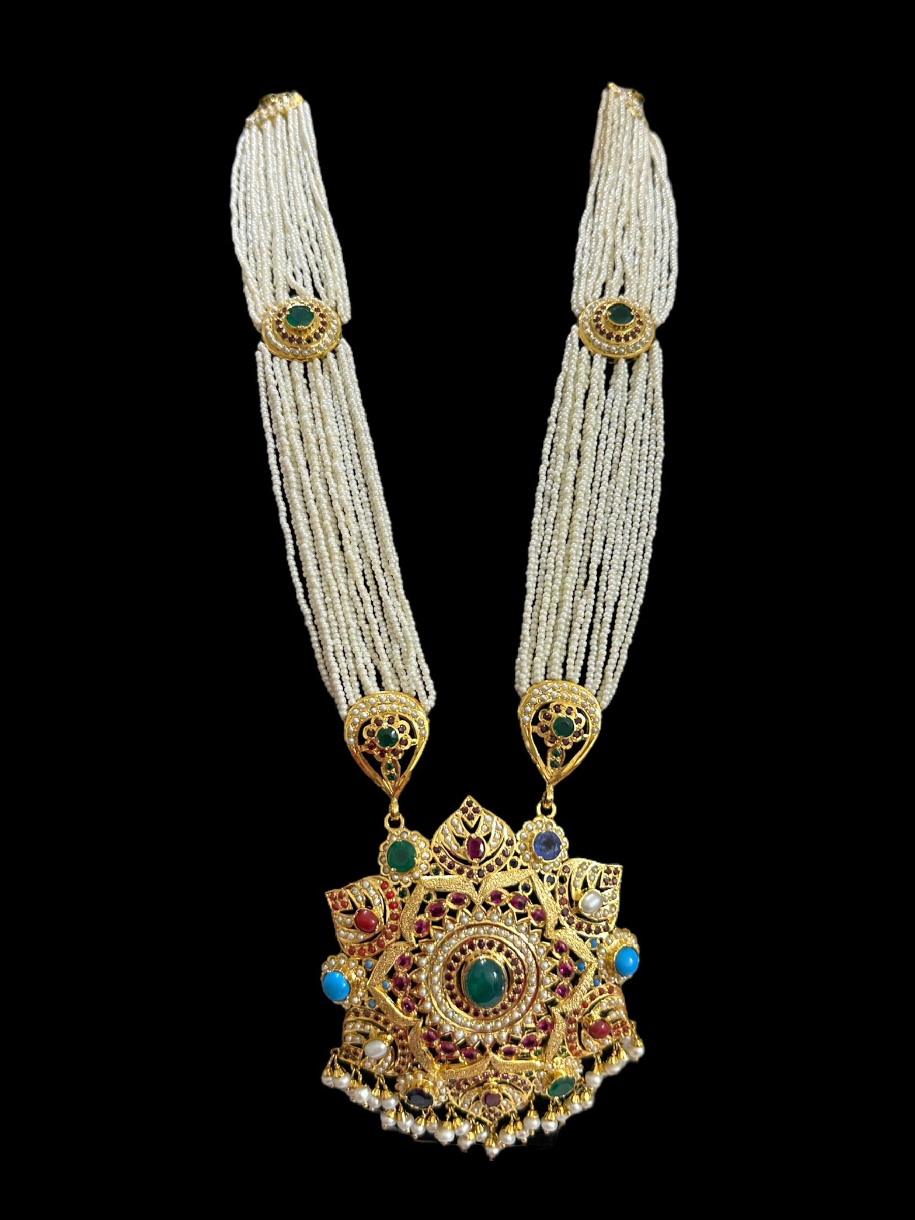 Gold plated silver Rani haar in Navratan ( READY TO SHIP)