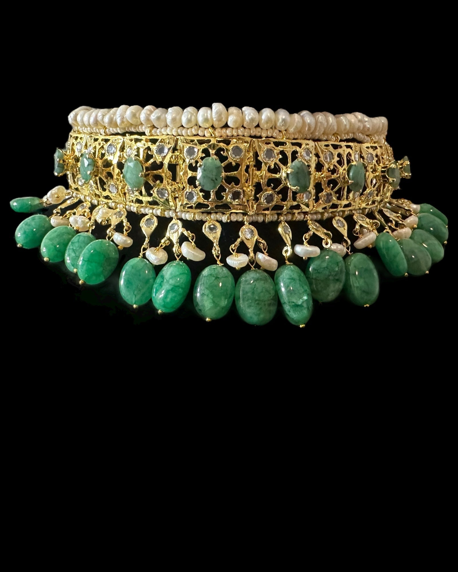 BR482 Insia Hyderabadi bridal set in emeralds with fresh water pearls ( SHIPS IN 1 WEEK )