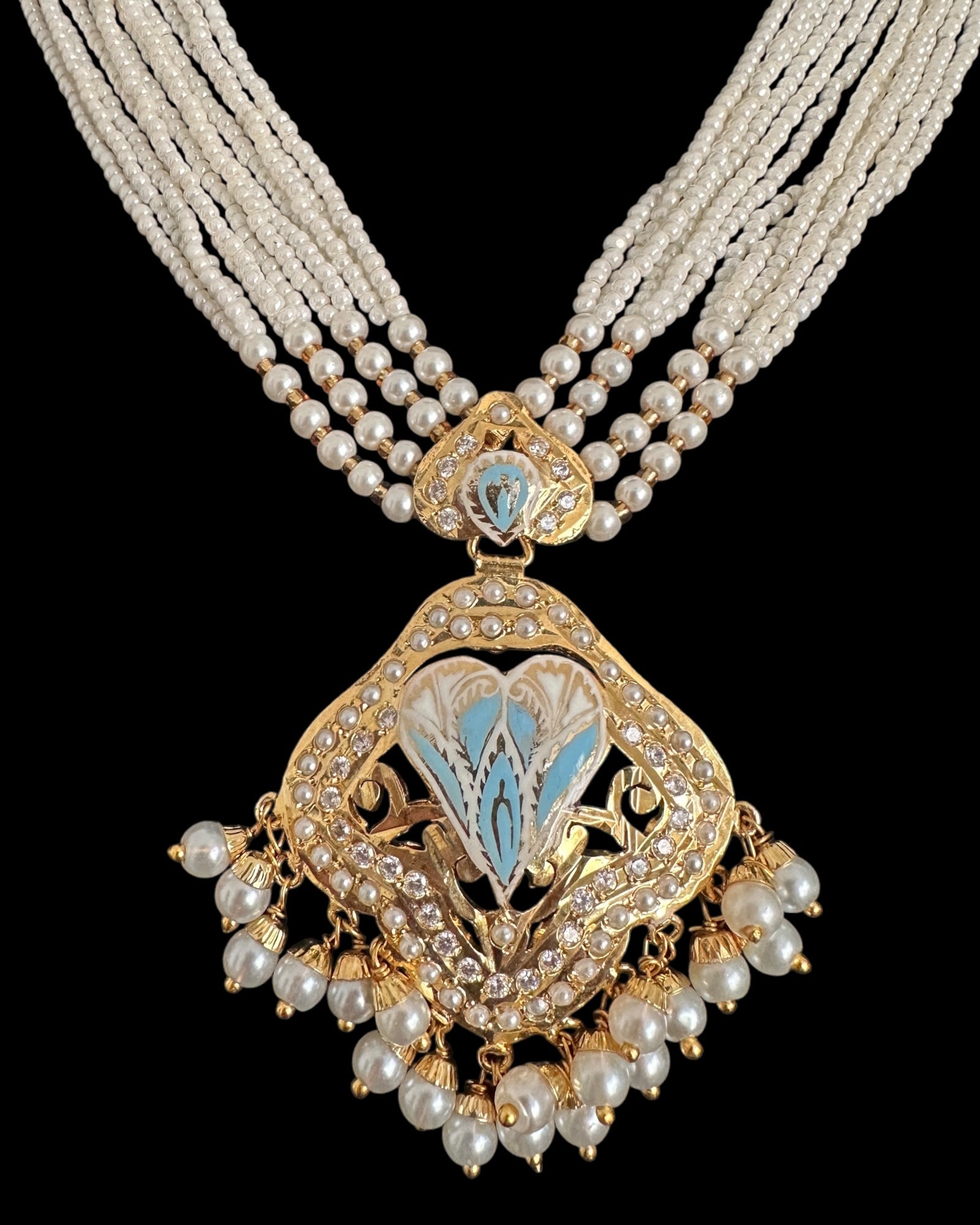 DNS191 punjabi Jadau necklace  set - mint blue&pearl    (READY TO SHIP)