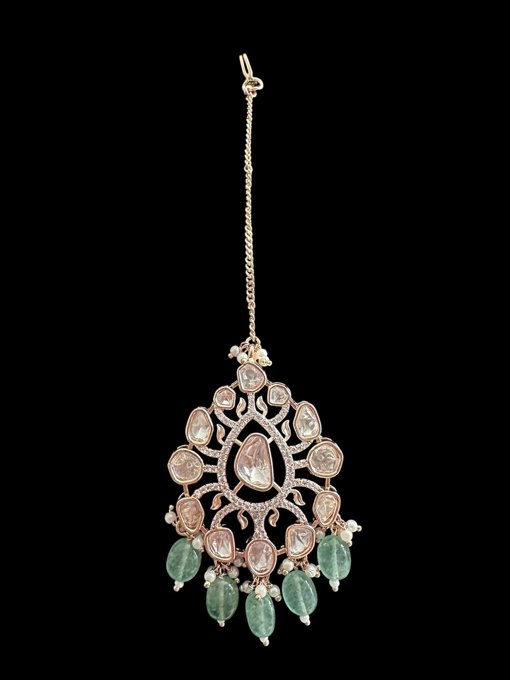 DNS206 Alayna Polki Necklace earrings tika set - light green beads with pearls ( READY TO SHIP )