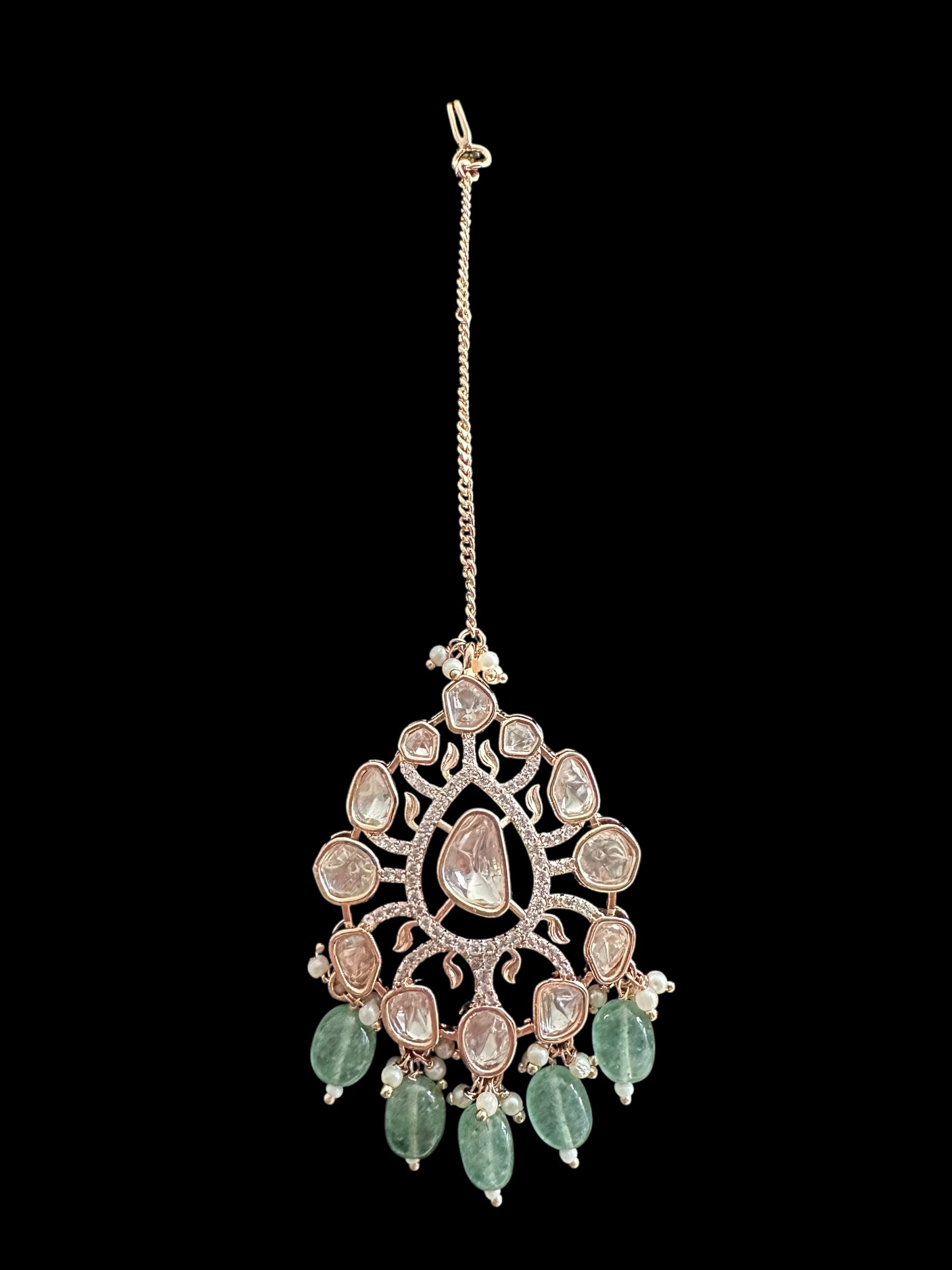 DNS206 Alayna Polki Necklace earrings tika set - light green beads with pearls ( READY TO SHIP )