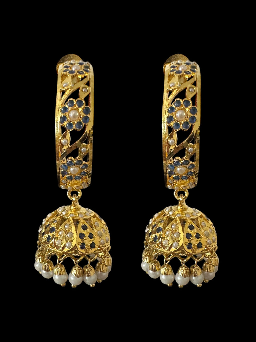 DER805 Jadau jhumka/hoop earrings in sapphire pearl combination ( SHIPS IN 3 WEEKS )