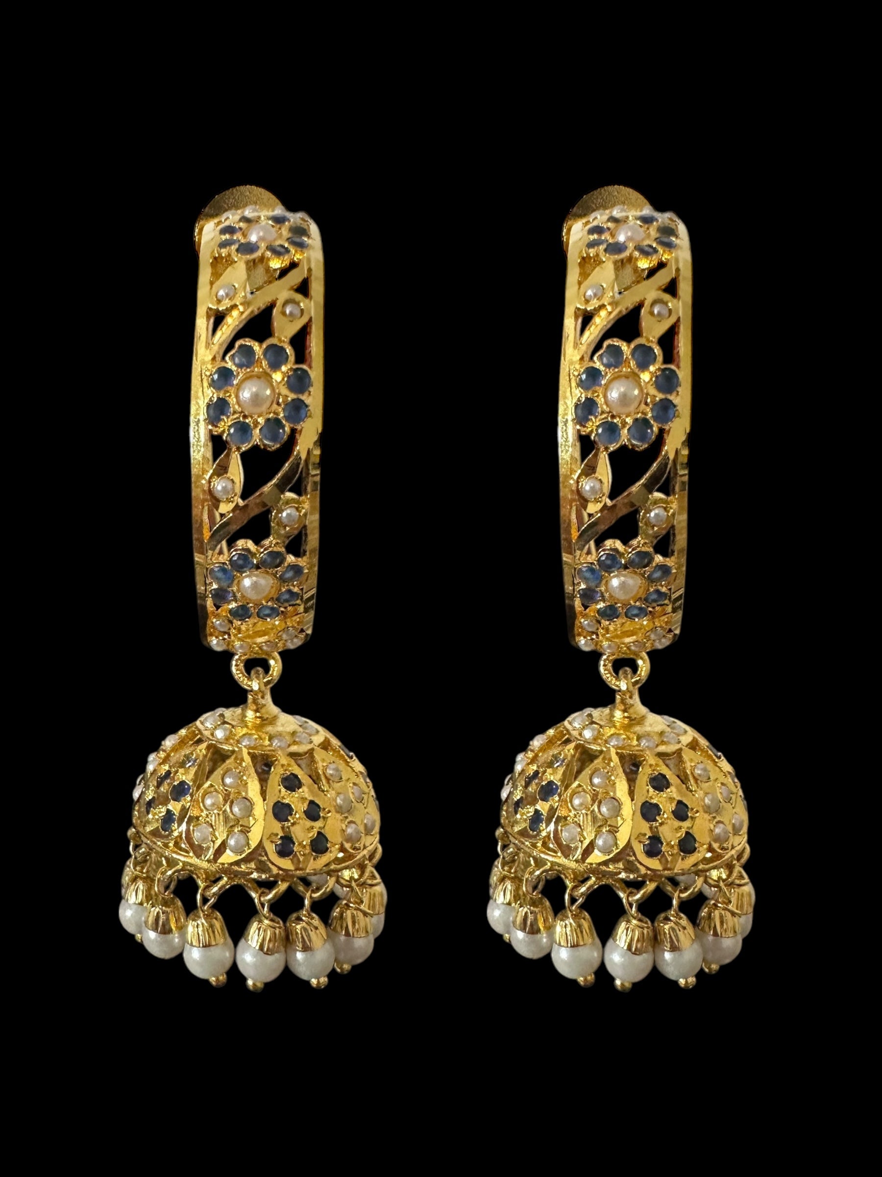 DER805 Jadau jhumka/hoop earrings in sapphire pearl combination ( SHIPS IN 3 WEEKS )