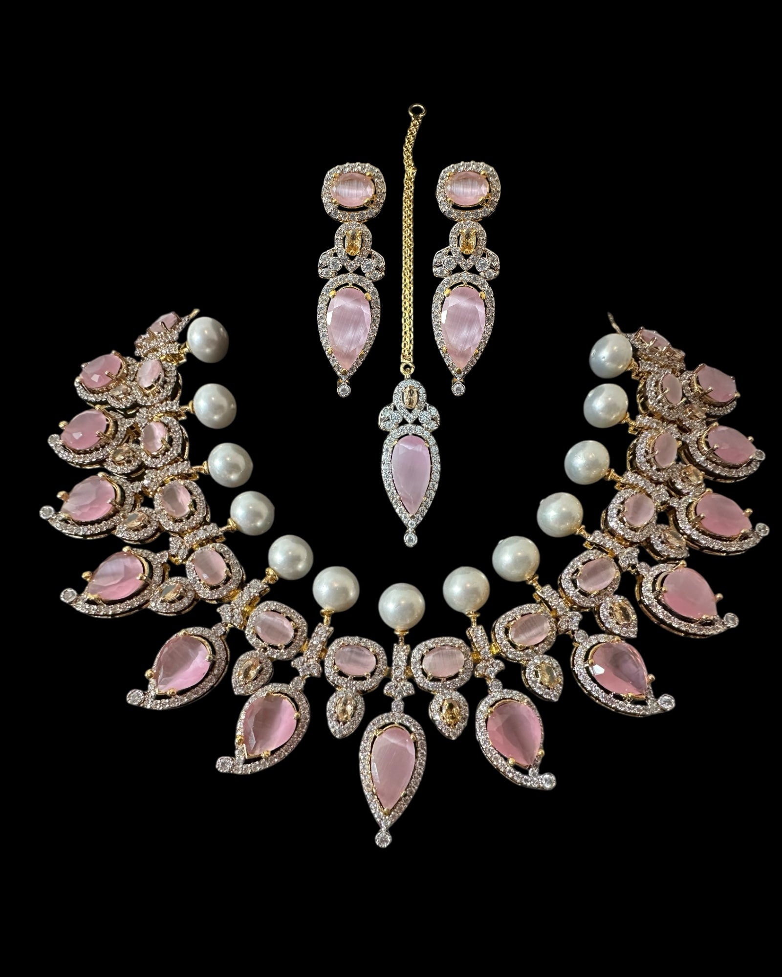BR462  Anmol necklace set in pink( rose quartz ), Cats eye and pearls ( SHIPS IN 4 WEEKS )