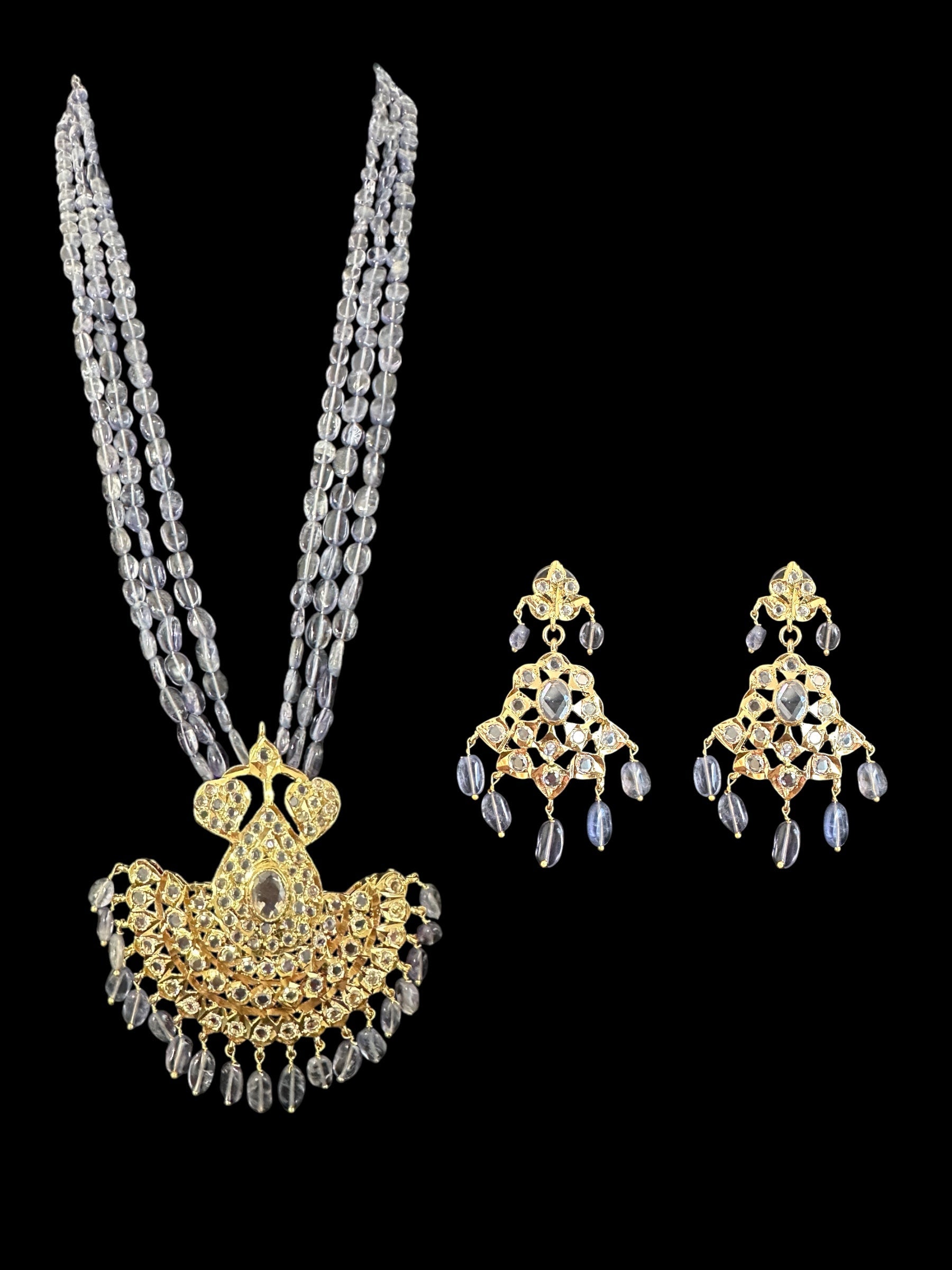 DLN124 Khushi long necklace with earrings in real tanzanite beads ( READY TO SHIP )