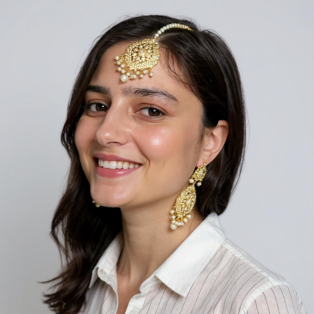 DJET500 Megha jadau earrings tika set  in pearl ( READY TO SHIP )