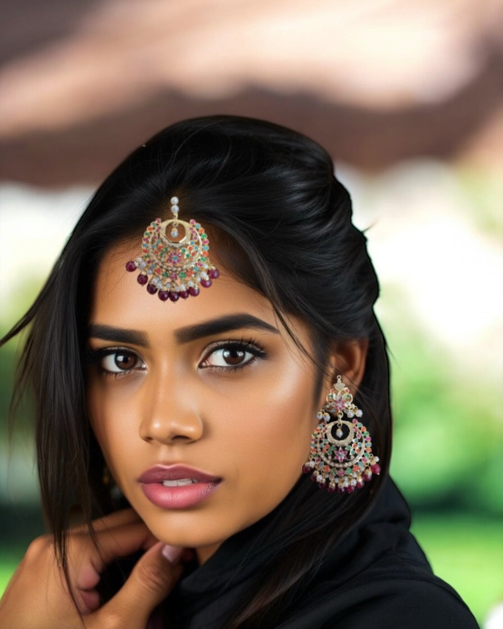 Dafiya Gold Plated Chandbali Earrings & Tika Set in Navratan | Ready to Ship | Deccan Jewelry