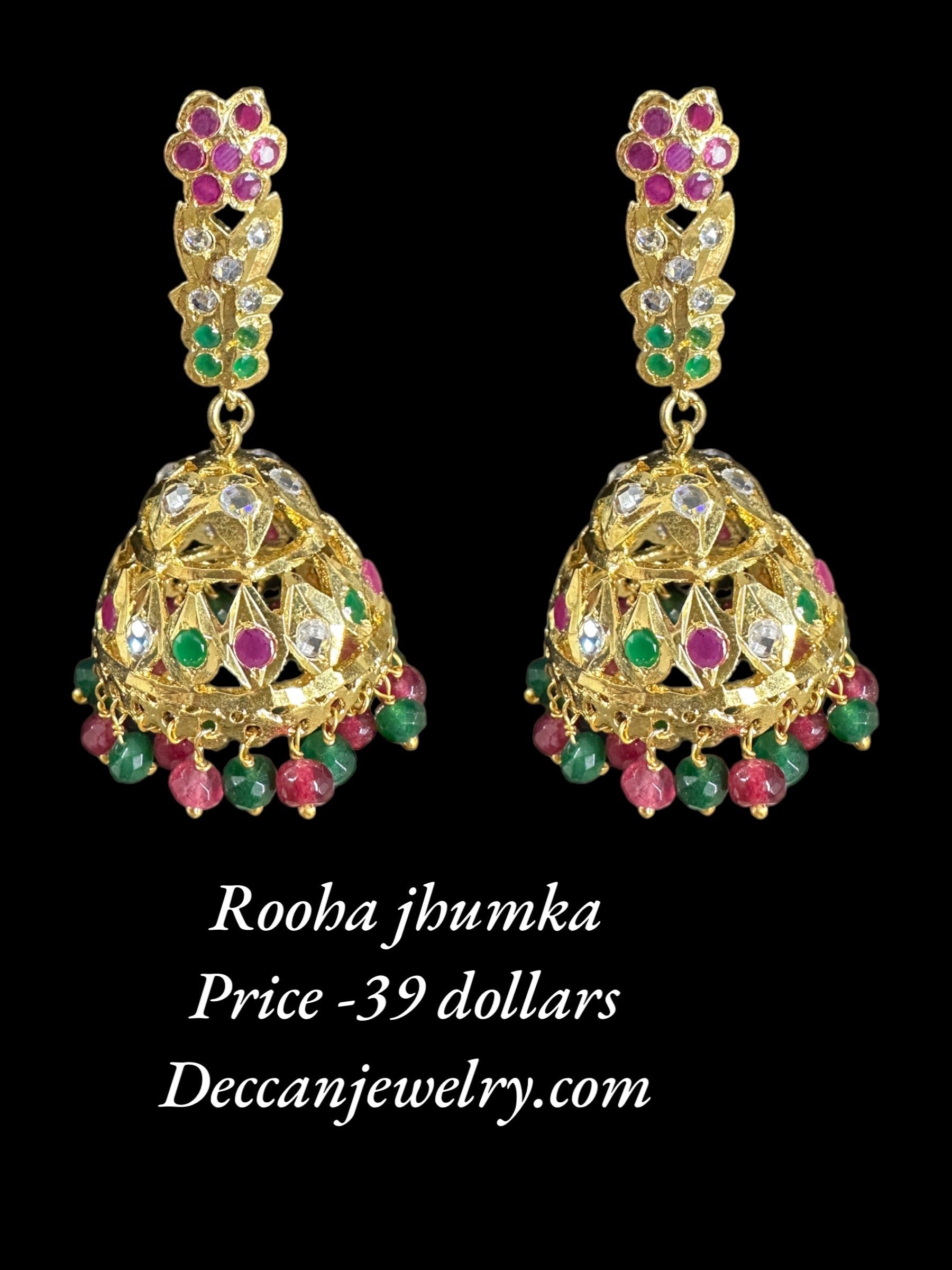 DER594 rooha jhumkas in ruby emerald / red green  ( READY TO SHIP)